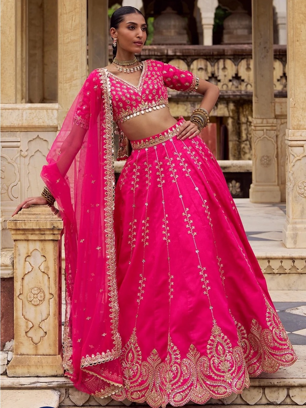 Fuchsia A-Line Embroidered Lehenga Skirt with Gold Detailing